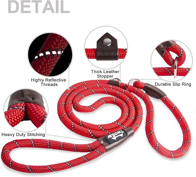 TwoEar Dog Slip Rope Leash - 1/2" x 6FT Heavy Duty Reflective Dog Training Leash for Small to Large Dogs (Red)