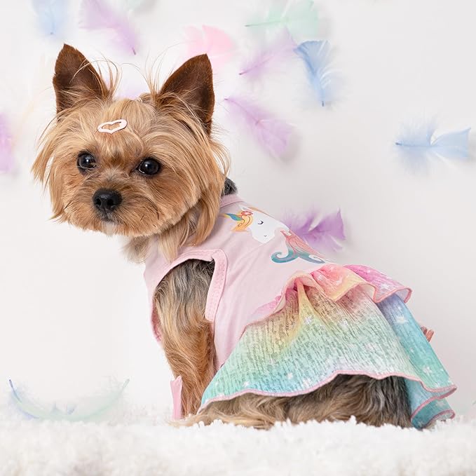 Fitwarm Rainbow Unicorn Dog Tutu Dress, Summer Clothes for Small Dogs Girl, Pet Birthday Outfit, Pink, Small