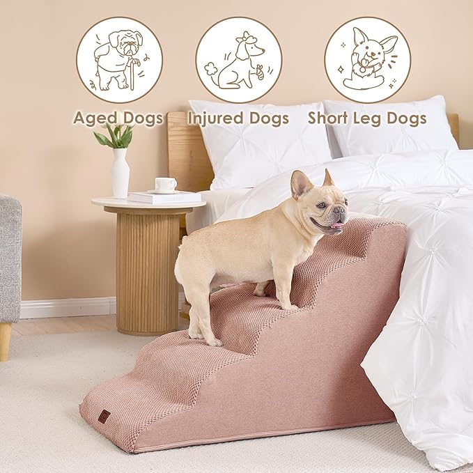 EHEYCIGA Curved Dog Stairs Ramp for High Beds 22.6" H, 5-Step Dog Steps for Small Dogs and Cats, Pet Stairs for High Bed Climbing, Non-Slip Balanced Pet Step Indoor, Dusty Pink