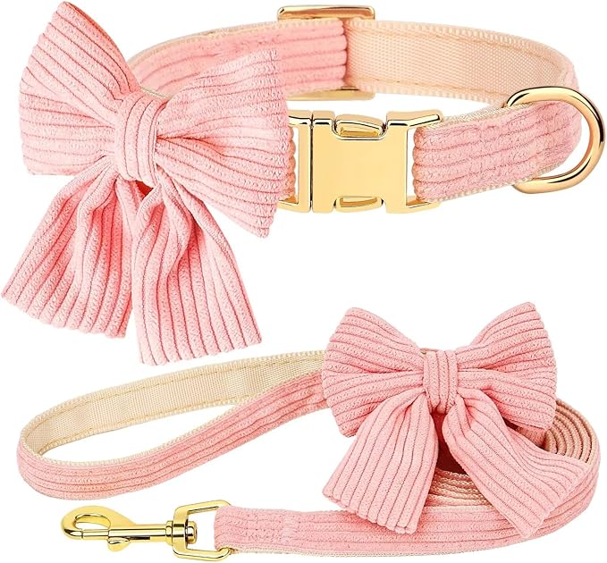 Didog Dog Collar and Leash Set with Bowtie, Girl Dog Collars Metal Buckle Adjustable for Small Medium Dogs(Pink, M)