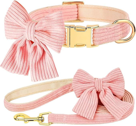 Didog Dog Collar and Leash Set with Bowtie, Girl Dog Collars Metal Buckle Adjustable for Small Medium Dogs(Pink, S)