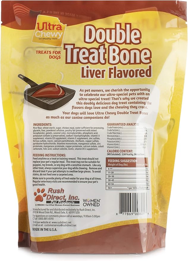 Ultra Chewy Double Treat Bones: Long-Lasting Dog Treats Made in USA for Large and Small Breeds, Highly Digestible, Ideal for Aggressive Chewers (Liver, 2 Value Packs)