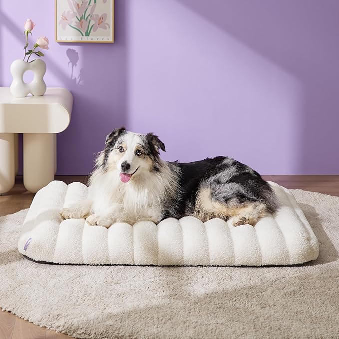 Lesure Cute Orthopedic Dog Bed Large Sized Dog, Waterproof Chic Flat Pet Beds with Removable Washable Cover, Fuzzy Thick Egg Crate Foam Pet Mat for Indoor Use (36" x 27", Cream)