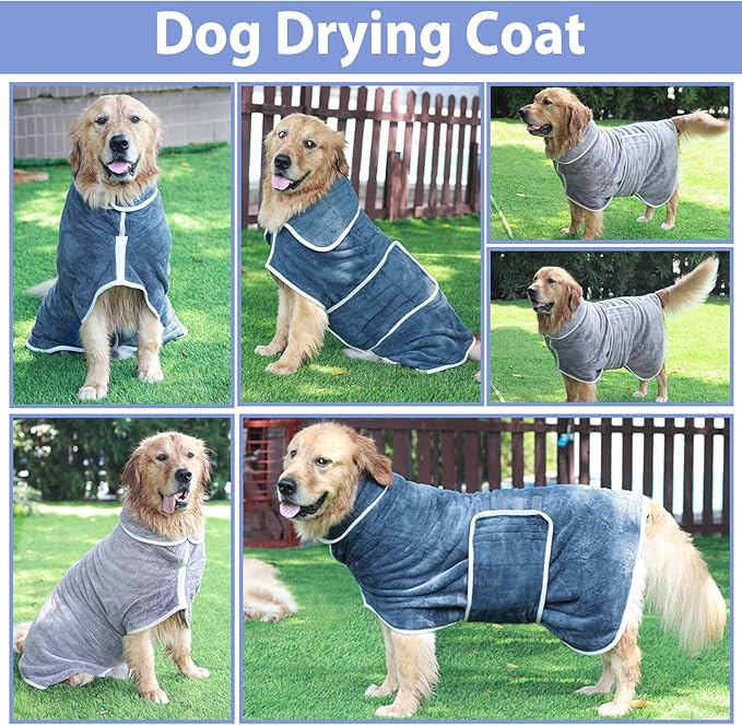 Dog Bathrobe Towel - Super Absorbent Bath Robe for Dogs Large, Soft Adjustable Collar & Belly Strap Fast Drying Coat Pet Dog Cat Bath Robe (Blue, 3X-Large)
