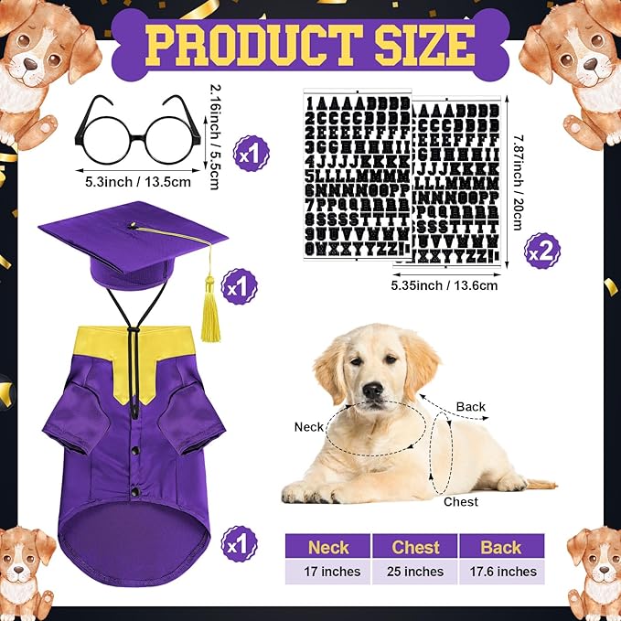 5 Pcs Dog Graduation Costume Set Include 2025 Pet Graduation Gown with Stole Puppy Grad Cap Lensless Glasses DIY Letter Stickers for Dogs Cats Holiday Costume Accessory(Purple Yellow,L)