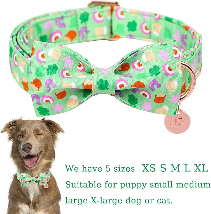 St. Patrick's Dog Collar with Bow Tie, Cotton St. Patrick's Bowtie Collar for Girl Boy Dog, Lucky Shamrock Dog Collar with Metal Buckle, Green, Spring, S