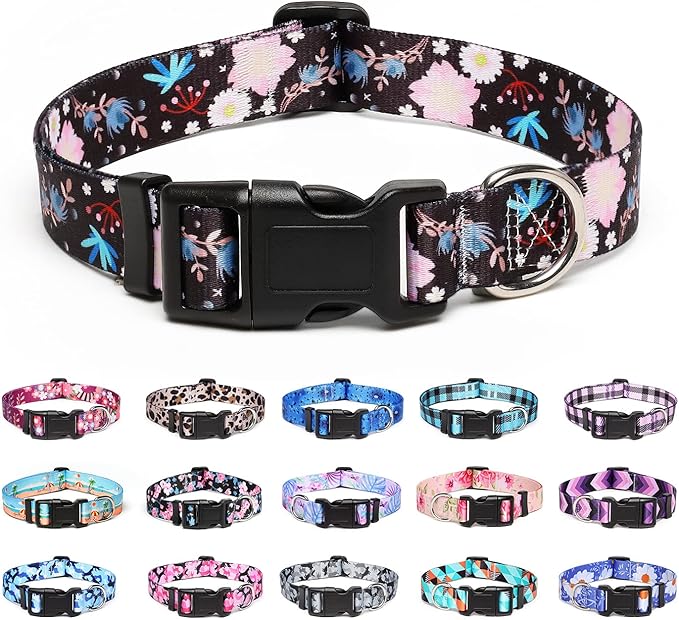 Adjustable Dog Collar with Patterns, Ultra Comfy Soft Nylon Breathable Pet Collar for Small Medium Large Dogs (L, Light Pink Flower)
