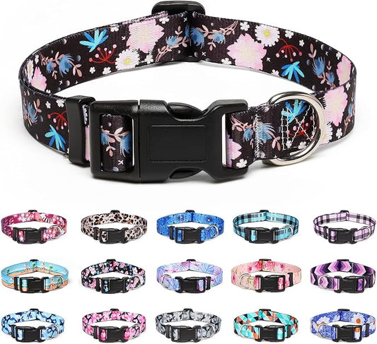 Adjustable Dog Collar with Patterns, Ultra Comfy Soft Nylon Breathable Pet Collar for Small Medium Large Dogs (L, Light Pink Flower)