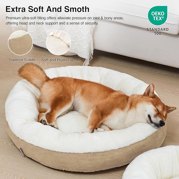 Love's cabin Round Donut Cat and Dog Cushion Bed, 30in Pet Bed for Medium or Large Dogs, Anti-Slip & Water-Resistant Bottom, Soft Durable Fabric Pet beds, Washable Calming Cat & Dog Bed Camel