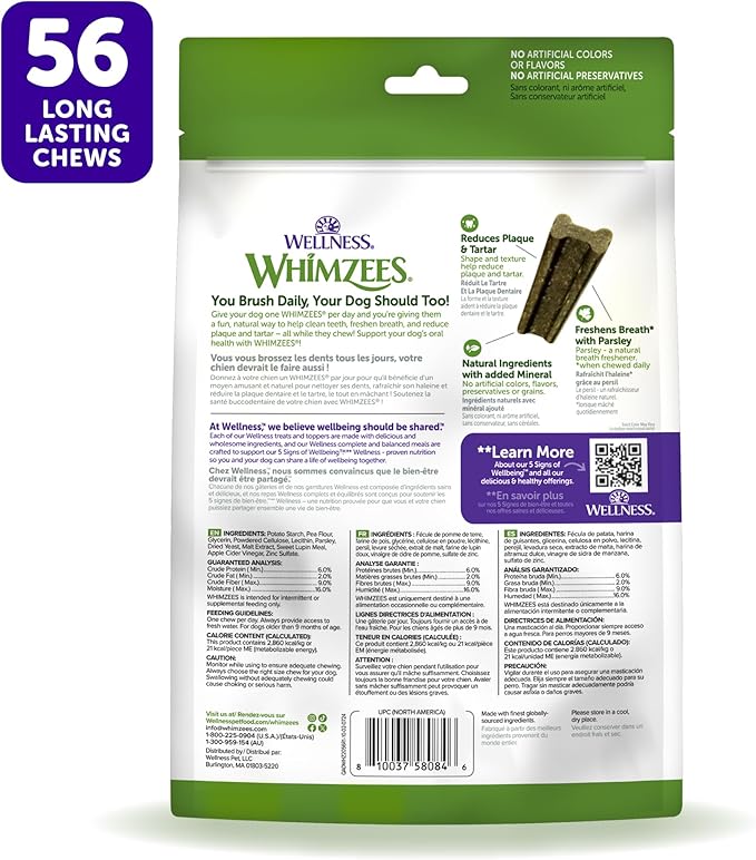 WHIMZEES Wellness Freshzees Dog Dental Treats, Natural Chews, Extra Small Size Stick, (56 Count)