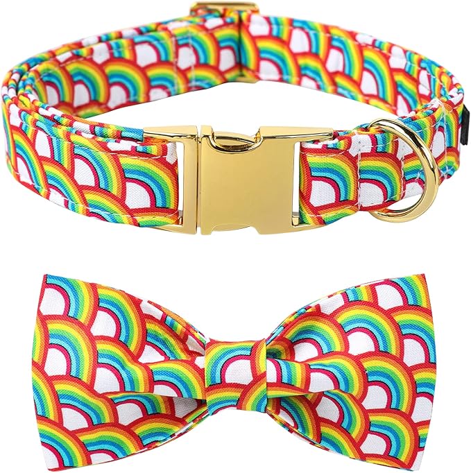 Lionet Paws Rainbow Dog Collar with Bowtie, Soft and Comfortable Adjustable LGBT Pride Bowtie Collar for X-Large Dogs Male Female Gift, Neck 16-26 inches