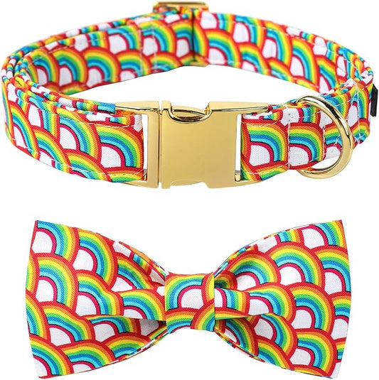 Lionet Paws Rainbow Dog Collar with Bowtie, Soft and Comfortable Adjustable LGBT Pride Bowtie Collar for X-Large Dogs Male Female Gift, Neck 16-26 inches