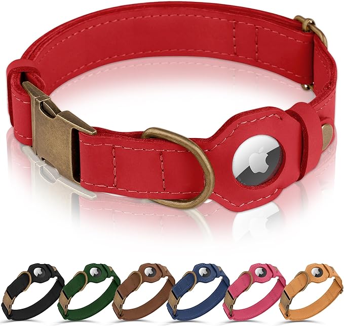 AirTag Dog Collar - Genuine Leather Dog Collar with Apple AirTag Holder and Metal Buckle - Smart GPS Tracking Pet Collars for Small Medium Large Dogs Puppy (Red, L, 17"-21" Neck Fit)