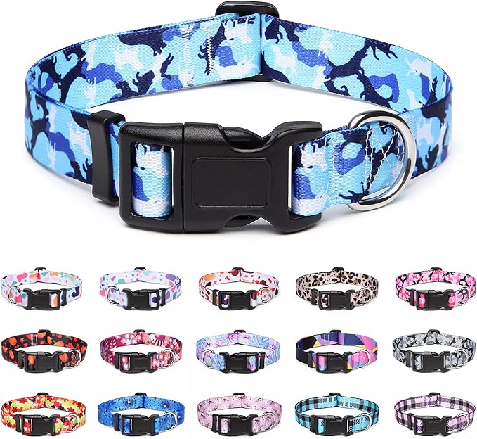 Adjustable Dog Collar with Patterns, Ultra Comfy Soft Nylon Breathable Pet Collar for Small Medium Large Dogs (M, Dog Camouflage Blue)