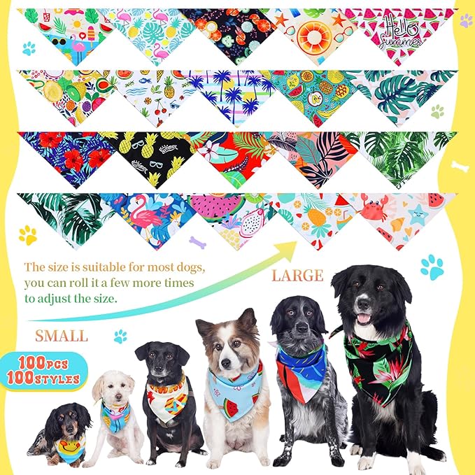100 Pcs Dog Bandanas Bulk Pet Bibs Colorful Triangle Scarf Pet Bandanas for Medium Large Dogs Spring Summer Birthday Costume Decoration (Hawaiian)