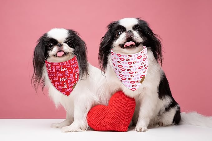Valentines Dog Bandana - 2 Pack Triangle Dog Bandanas | Reversible Love and Heart Pet Scarf | Premium Durable Fabric | Boys & Girls | Holiday Bandana for Small and Medium Dogs (Small)