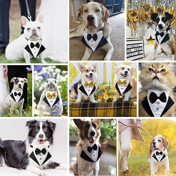 Tuxedo Costume Black Wedding Bandana Nylon Collar Suit With Bow Tie Adjustable Tux Formal Clothes for Small Medium Large Dogs Pet Halloween Birthday Christmas Dress Outfits