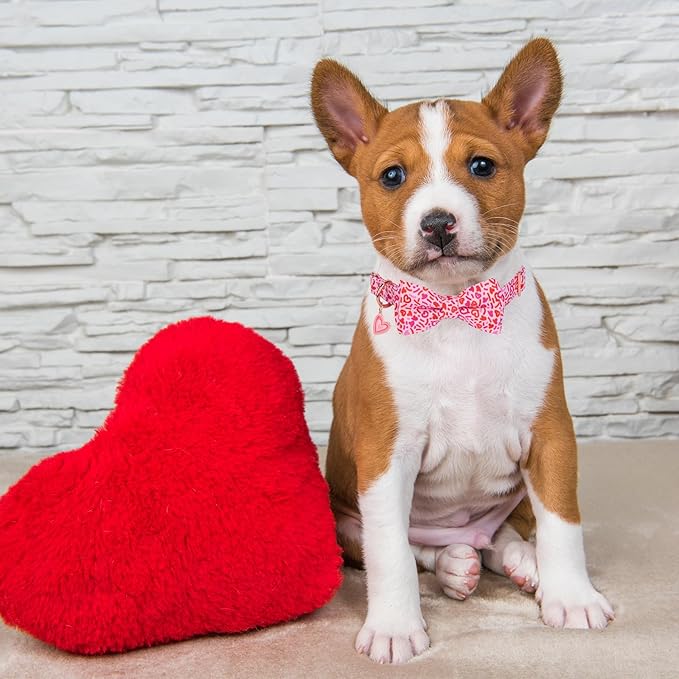 ADOGGYGO Valentine Dog Collar with Bow, Metal Buckle, Adjustable Pink Heart Bowtie Pet Valentine Collars for Small Dogs (Small)
