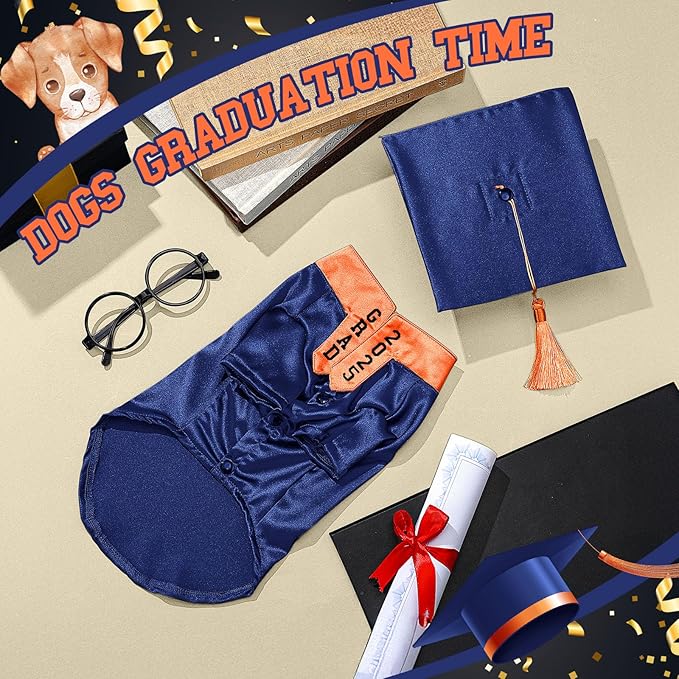 5 Pcs Dog Graduation Costume Set Include 2025 Pet Graduation Gown with Stole Puppy Grad Cap Lensless Glasses DIY Letter Stickers for Dogs Cats Holiday Costume Accessory(Blue Orange,L)