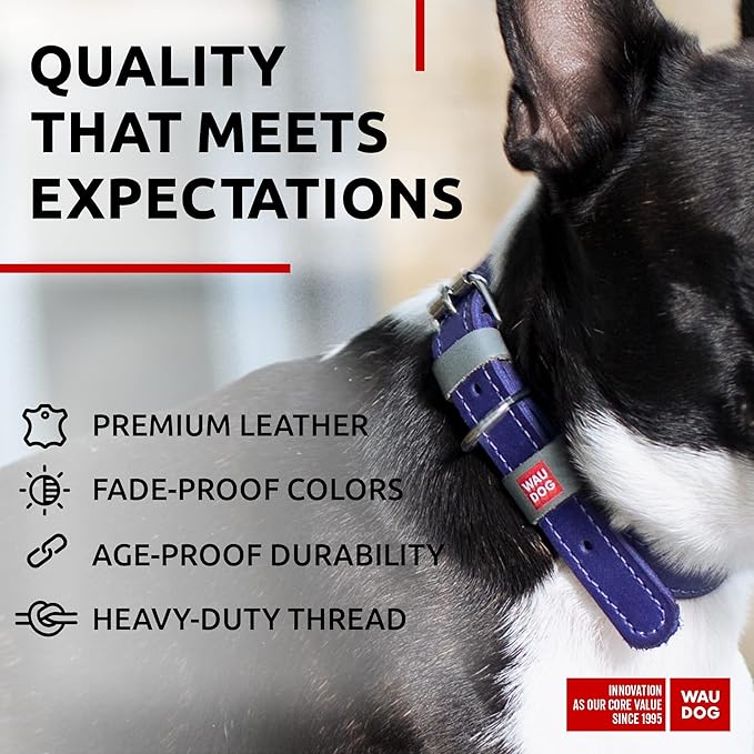 WAUDOG Long Lasting Leather Dog Collar for Large Dogs, Medium & Small Dogs - Adjustable Classic Puppy Collars for Large Breed Dogs - Boy & Girl Dog Collars with Durable Buckle, D-Ring & QR Dog Tag
