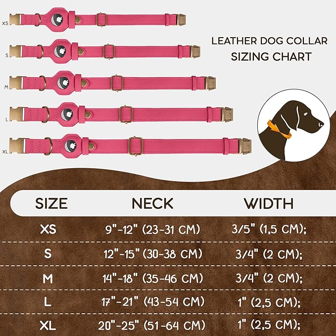 AirTag Dog Collar - Genuine Leather Dog Collar with Apple AirTag Holder and Metal Buckle - Smart GPS Tracking Pet Collars for Small Medium Large Dogs Puppy (Pink, L, 17"-21" Neck Fit)