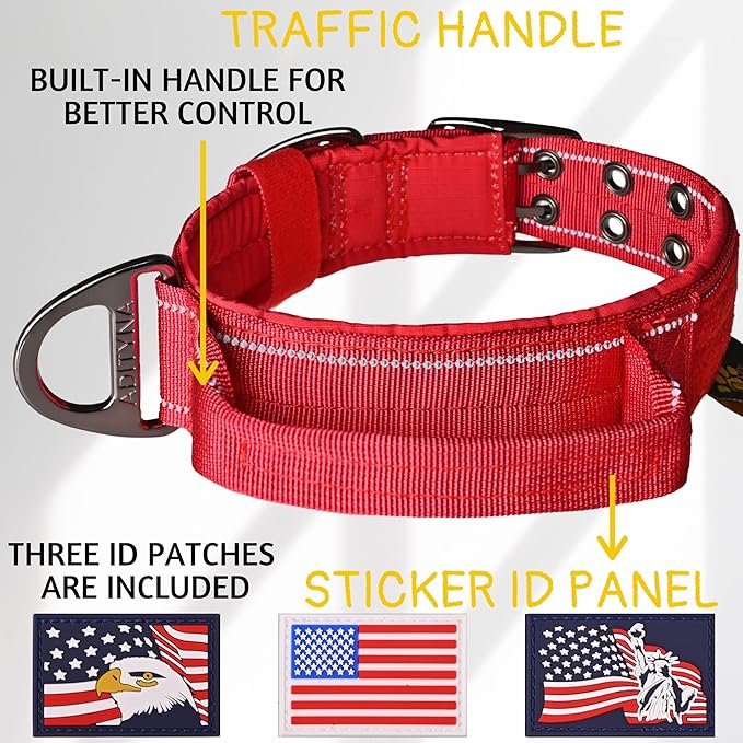 ADITYNA Heavy Duty Dog Collar for Medium Dogs - Reflective Red Collar with Handle for Training, and Walking - Wide, Thick, Tactical, Soft Neoprene Padded