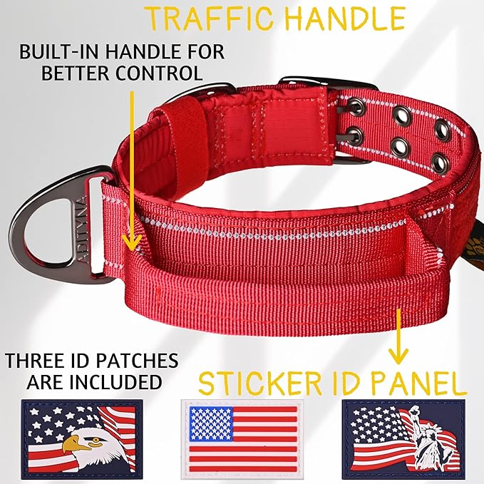 ADITYNA Heavy Duty Red Dog Collar for Large Dogs - Reflective Collar with Handle for Training, and Walking - Wide, Thick, Tactical, Soft Neoprene Padded