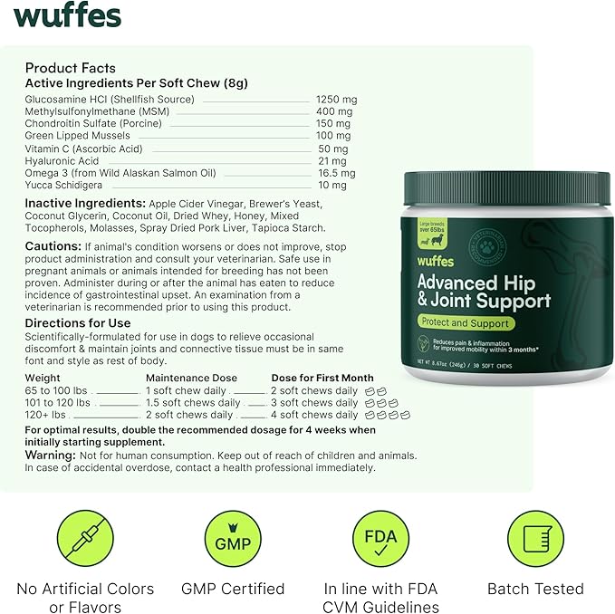 Wuffes Chewable Dog Hip & Joint Supplement - Glucosamine & Chondroitin Chews - Dog Joint Supplements & Vitamins - Extended Joint Care (Large Breed (Over 65 lbs), 60 Chews (Pack of 2))