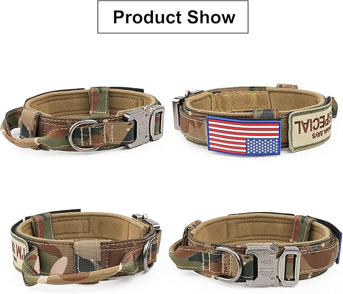 KCUCOP Tactical Dog Collar - Heavy Duty Collar with Handle and Metal Buckle, Military Thick Dog Collars for Medium and Large Dogs(Upgrade Camo-M, 2 Patches)