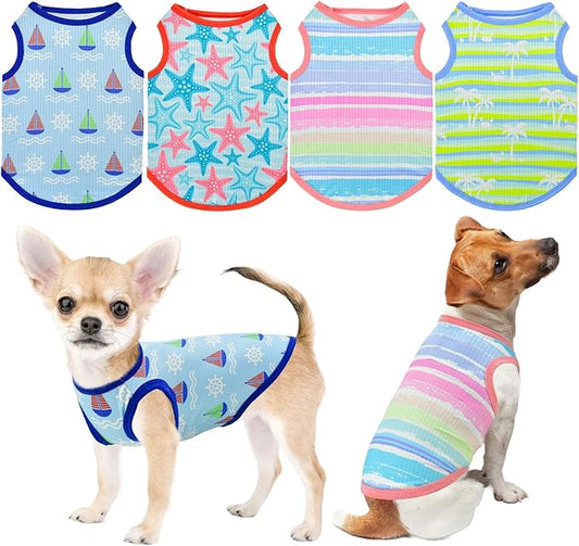 4-Pack Dog Cooling Shirt Dog Summer Tank Tops Puppy Cooling Quick Dry Sleeveless Shirts with Stripe Beach Seafish Sailboat Patterns Dog Cooling Vest for Small Meddium Dogs S