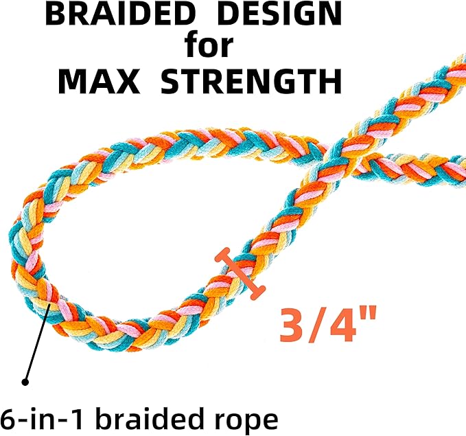 Handmade 5ft Braided Cotton Dog Leash with Unique Floral Handle, Durable and Stylish, Ideal for Small to Large Dogs,Rainbow Mix