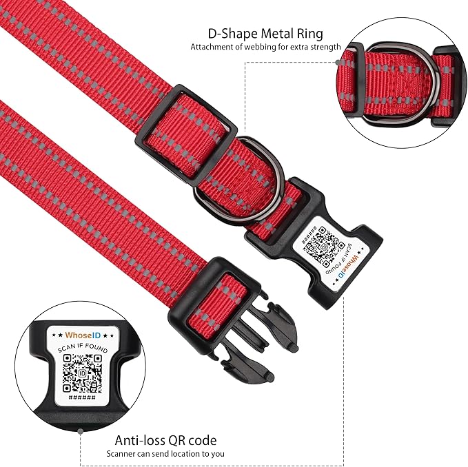 Dog Collar with QR Code, Reflective Dog Collar, Soft Neoprene Padded & Safety Locking Buckle Adjustable Pet Collar (Red, L-with Airtag Holder)