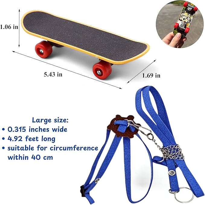 Tortoise Harness and Leash with Toy Skateboard for Turtle set, Funny Tortoise Skateboard and Adjustable Leather Harness Leash, Training Skateboard and Turtle Harness Leash Pet Tortoises Toys (Blue, L)