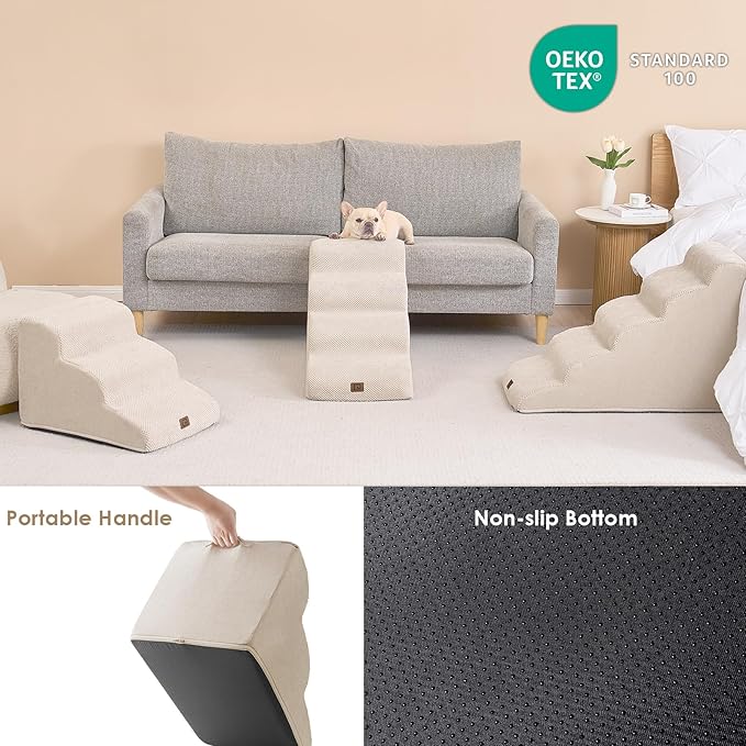 EHEYCIGA Curved Dog Stairs Ramp for Small Dogs 15.7" H, 3-Step Dog Steps for Couch Sofa and Chair, Pet Stairs for Cats, Non-Slip Balanced Pet Steps Indoor, Beige