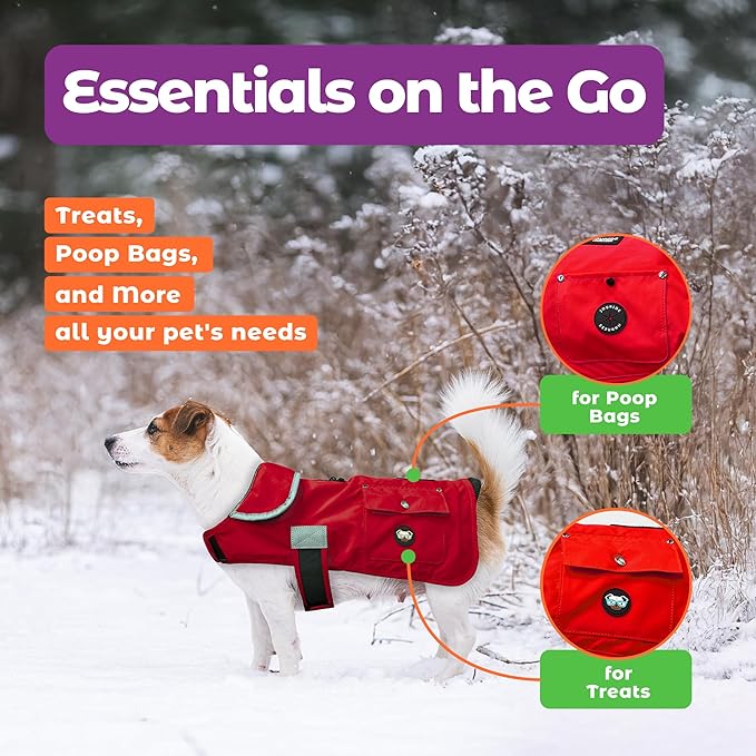 Joyride Harness FrostFlex Dog Winter Jacket - Fleece Lined & Water-Resistant - Snowsuit with Pockets for Treats & Poop Bags - Durable Cold Weather Dog Coat - Red Rush-XXL