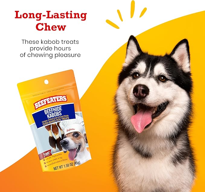 Beefeaters Beefhide Kabobs 1.58oz – (12 Pack) Dog Treat. Triple Flavor with Real Chicken, Liver & Sweet Potato, Long-Lasting Chew, Supports Dental Health, Ideal for Training