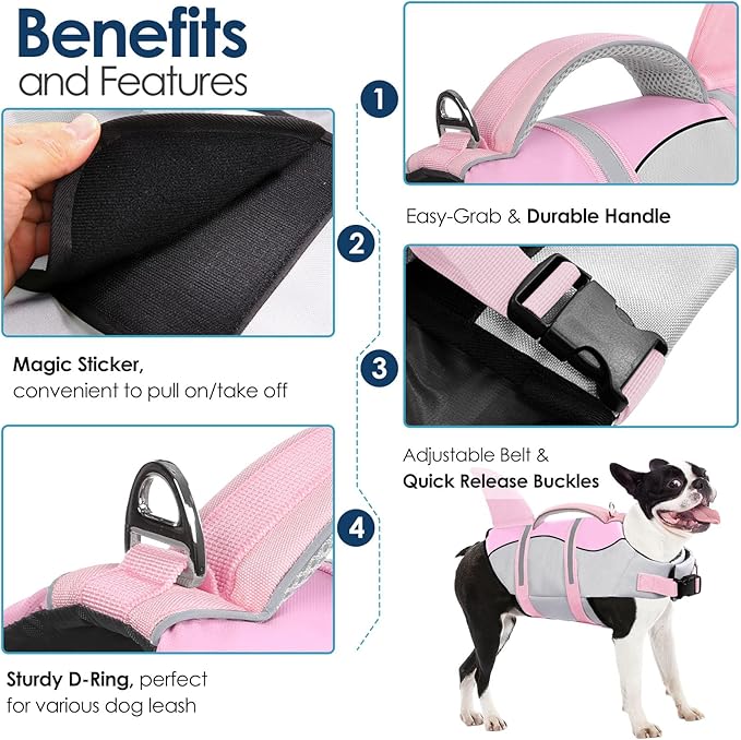 AOFITEE Dog Life Jacket, Shark Dog Life Vest for Swimming Boating, High Flotation Pet Lifesaver with Rescue Handle, Reflective French Bulldog Lifejacket, Life Jackets for Small Medium Large Dogs, M