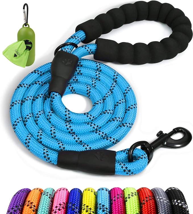 Taglory Rope Dog Leash 5 FT with Comfortable Padded Handle, Highly Reflective Threads Leash for Medium Large Dogs, 1/2 inch, Blue
