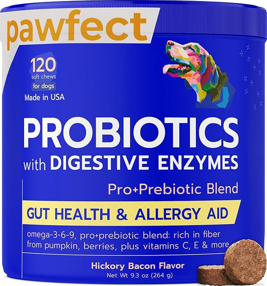 Pet Probiotics for Dogs & Digestive Enzymes for Dogs | Gut Health & Digestive Function Support | Pumpkin & Omega | Prebiotic Supplement Chews