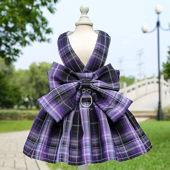 PETCARE Plaid Dog Dress Bow Tie Harness Leash Set for Small Dogs Cats Girl Cute Princess Dog Dresses Spring Summer Puppy Bunny Rabbit Clothes Chihuahua Yorkies Pet Outfits
