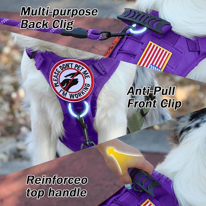 No Pull Tactical Dog Harness for Large Dogs, Escape Proof Molle Dog Vest Harness and Leash Set, Adjustable Military Service Dog Harness with Handle for Medium Large Dogs(Purple, L)