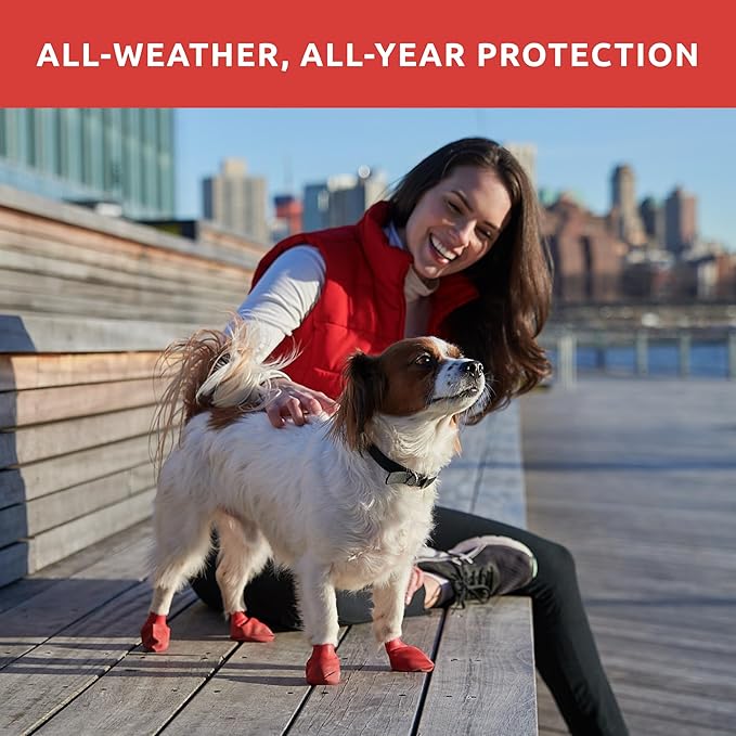 PawZ Rubber Dog Boots for Paws to 2 1/2" - All-Weather Dog Booties for Hot Pavement, Sand, Snow, Mud, and Rain - Anti Slip Dog Socks - S, Red
