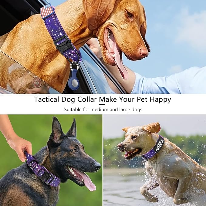 DAGANXI Tactical Dog Collar, Adjustable Military Training Nylon Dog Collar with Control Handle and Heavy Metal Buckle for Medium and Large Dogs, with Patches and Airtags Case (M, Purple Sky)