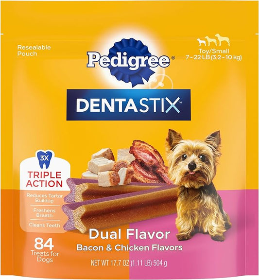 Pedigree Dentastix Dual Flavor Small Breed Dog Treats, Bacon & Chicken, 17.78 oz. Bag (84 Treats, Pack of 1)