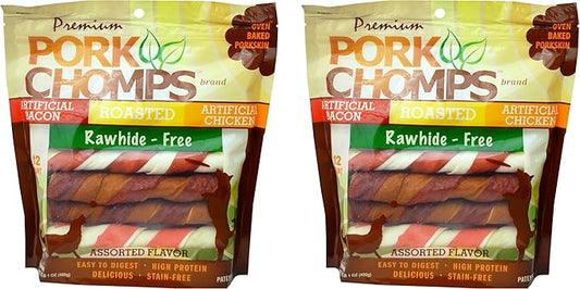 Pork Chomps Baked Pork Skin Dog Chews, 6-inch Twists, Assorted Flavors, 12 Count | Pack of 2