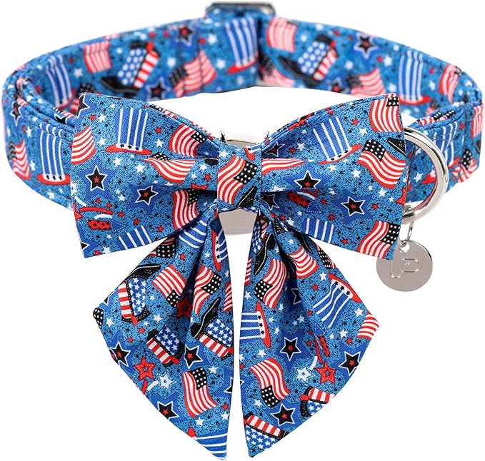 Patriotic Dog Collar with Bow Tie, 4th of July Bowtie Dog Collar, American Flag Collar for Medium Boy Girl Dog, Comfortable Summer Bowtie Collar with Metal Buckle, M