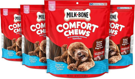 Milk-Bone Mini Comfort Chews, Rawhide Free Dog Treats with Unique Chewy Texture and Real Beef, 18 Mini Chews (Pack of 4)