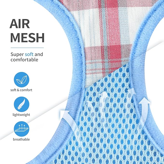 voopet Small Dog Harness and Leash Lightweight Cat Comfort Padded Soft Mesh Vest Step in Dog Harness No Pull No Choke Reflective Small Plaid Girl & Boy Puppy Kitty Walking Harness, Blue S