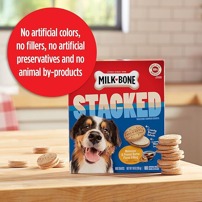 Milk-Bone Stacked Dog Treats, 30 Ounce (Pack of 2), Crunchy Biscuit with Molasses and Peanut Butter Creamy Filling