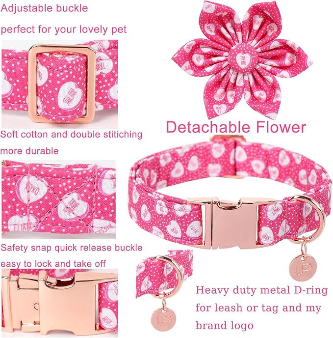 Valentine Dog Collar with Flower, Heart Flower Collar for Puppy Girl Boy Dog or Cat, Comfortable Dog Collar Flower with Durable Metal Buckle, Cute Pet Collar, L